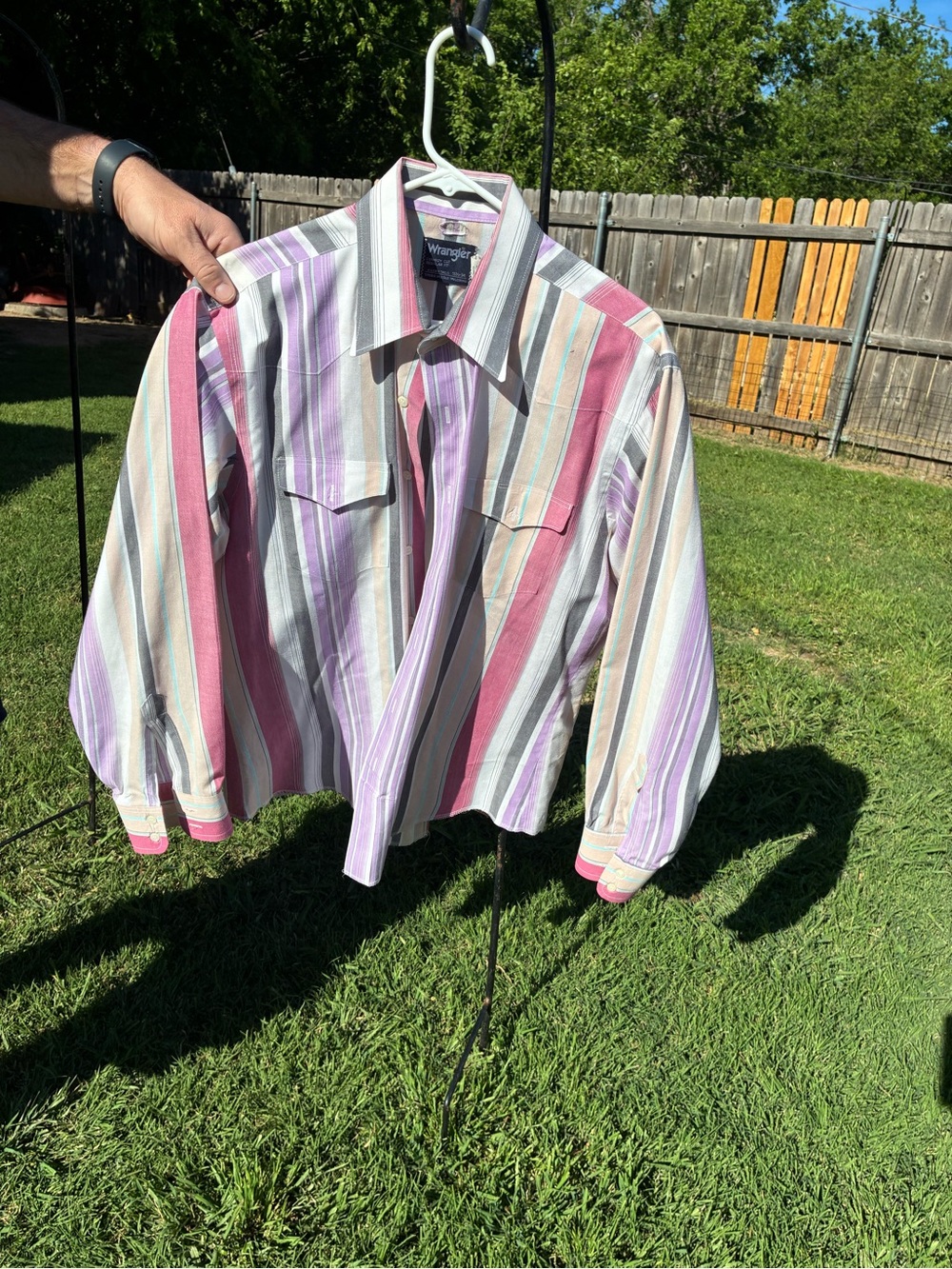 Wrangler Striped Button-Down Shirt in Pink, Purple, White